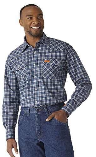 Wrangler Herren Fr Flame Resistant Western Langarmhemd mit Zwei Taschen und Druckknöpfen Button-Down-Arbeitshemd, Marineblau (Navy Plaid), XL