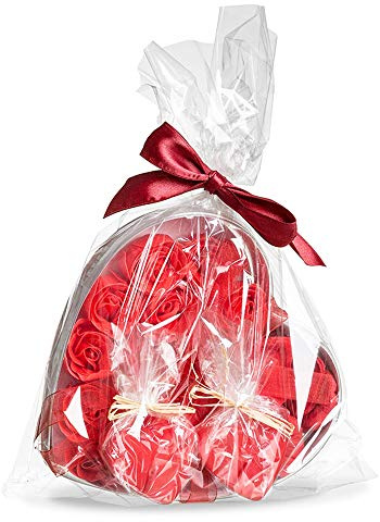 Monsterzeug Wellness-Set mit Rosenblättern 3-teilig, Kerzen, Duftstäbchen und Badekissen, Romantische Geschenkbox mit Duftkerzen und Blumenblüten, Wohlfühl Paket, Rot