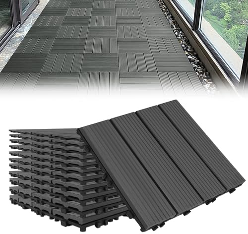 Froadp 30x30cm WPC Carrelage de sol en Plastique Composite, Revêtement de sol Extérieur, Dalles en Bois-plastique Extérieur, Caillebotis Système Plug-in pour Terrasse Jardin Balcon(22 pcs, Anthracite)
