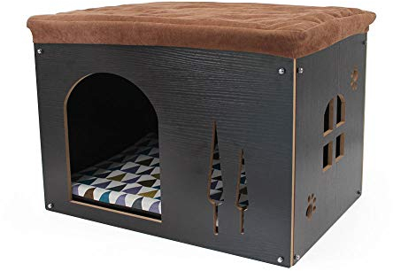 SONGWAY Hundehütte aus Holz mit Matratze – Abnehmbare Katzenhaus im Form von Schuhocker Innenraum Hundehütte Haustierhaus für Katzen, Welpen, Hund Kleintiere Haustiernest zur vier Jahreszeiten,Schwarz