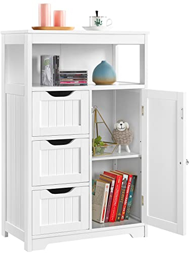 Yaheetech Mueble Baño de Madera Armario Baño con Cajón y Estante Ajustable Mueble Auxiliar de Cocina Armario Multiusos con Puertas Dobles para Salón Entrada Blanco 55,5x29,5x86,5 cm