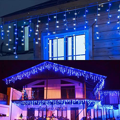 LEDYA 4,5m Eisregen Lichterkette Außen, Weihnachtsbaum Eiszapfen mit Stecker, IP44 Wasserdicht, 8 Modi,Lichtervorhang Aussen Innen Deko für Fenster, Garten, Balkon Blua und Kaltweiße Inner