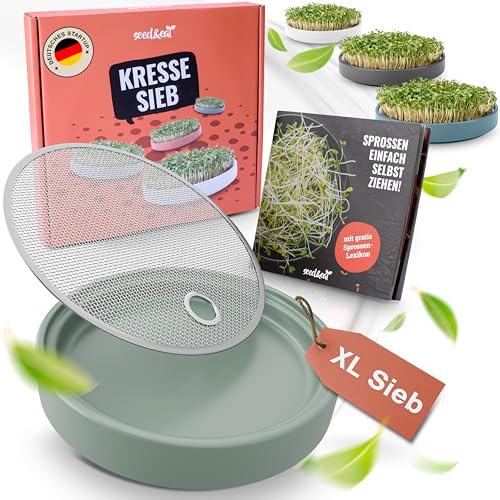 seed&eat Kressesieb (16cm), Anzuchtschale für Kresse & Microgreens, mit Sprossenheft, Keramikschale + Edelstahlsieb