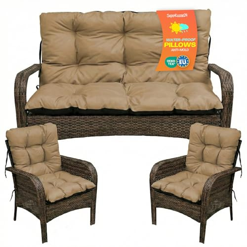 SuperKissen24. Sitzkissen Bankkissen Bankauflage - 180x50 cm und Rückenlehne 180x60 cm mit 2er 48x96 cm Stuhlkissen Set - Outdoor und Indoor - Beige