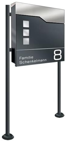 Briefkasten in anthrazit incl. Standfuß und Beschriftung - aus pulverbeschichtetem Stahl mit Zeitungsrolle und Sichtfeldern