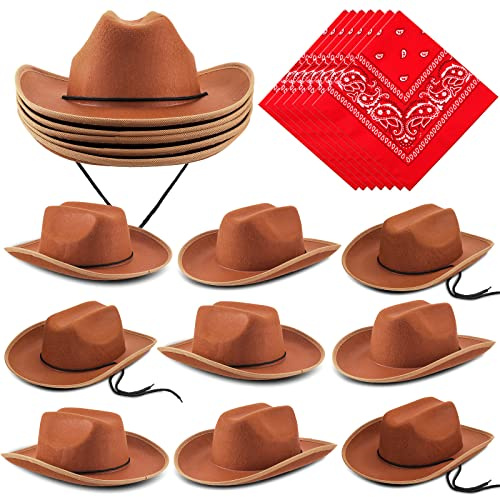 Funtery 10 Sets Kids Cowboy Hat and Red Bandanna for Age 3-10 Toddler Cowboy Hat for Boys Girls Birthday Cosplay Party Favors(Brown and Red)