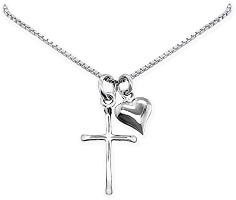 Delicate and Dainty Sterling Silver Cross Necklace with Puffed Heart Charm for Women, 18 inches