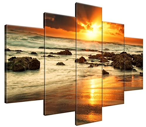Estika Leinwand bilder - Meer, Sonnenuntergang, Felsen - 150x105 cm, 5 teilige kunstdruck - Wandbilder wohnzimmer, schlafzimmer, Moderne wanddeko, Bild auf leinwand - Natur bilder - 4161A_5H