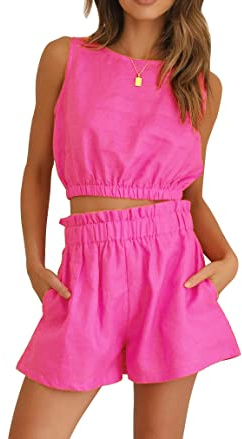 FANCYINN Damen Sommer Zwei-Teile-Outfit lässiges ärmelloses Oberteil und Kurze Hose mit hoher Taille und Taschen Rosenrot S