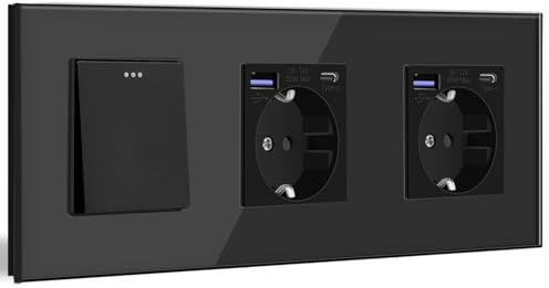 BSEED Interruptor de Pared con Doble Enchufe USB C 20W,1 Gang 1 Vía Interruptor Pared+Schuko Enchufe con Cargador Rápido USB Tipo C,Negro 10A Interruptor de Luz