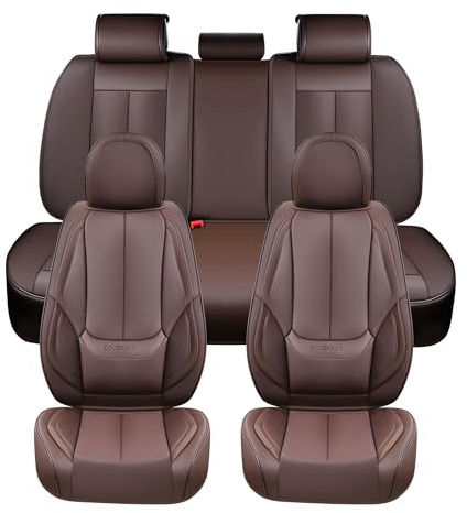 Coverado Car Seat Covers, Universal Car Seat Protector Nappa PU Leather, Auto Seat Cushion,Waterproof Seat Covers Front and Back 5PCS Fit for Most Cars, Pick-up Truck,Vans, Brown