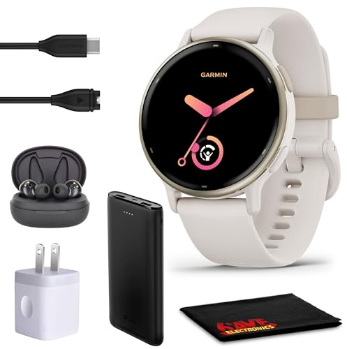 Garmin Vivoactive 5 Montre intelligente pour homme et femme avec lunette en aluminium doré crème, boîtier ivoire et bracelet en silicone avec autonomie de 11 jours et écran tactile AMOLED lumineux de
