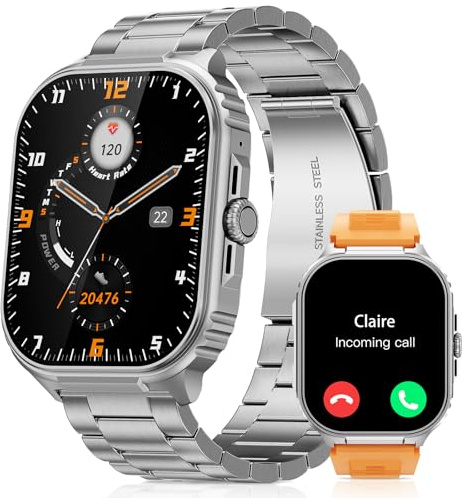 TIFOZEN Militär Smartwatch Herren, 2,01 HD-Touchscreen IP68 Sportuhr mit Anrufe Annehmen/Tätigen, Herzfrequenz/SpO2/Schlaf Monitor, Aktivitäts Tracker, 100+ Sportmodi für iOS Android (Silber)