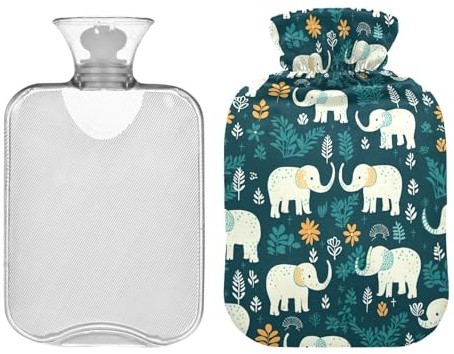 Hot Water Bottle Bag with Cover, 2L Durable Hot Water Bag for Neck, Shoulders and Legs Pain Relief, Menstrual Cramps, Hand Feet Warmers, Cute Elephants and Flowers