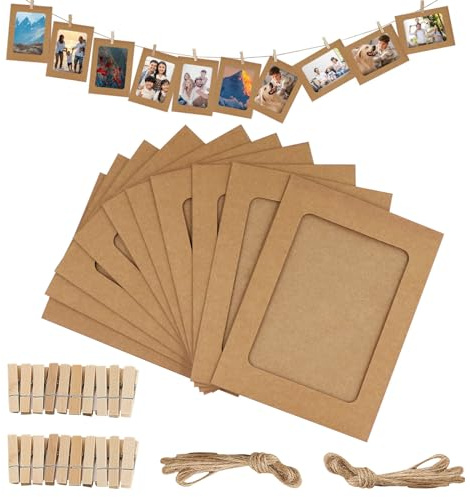 RAFIYU Papier-Bilderrahmen, kleine Papier-Bilderrahmen, 11,5 x 15,5 cm, mit 20 Holzklammern und Schnur, Wanddekoration für Zuhause, Krippe, Büro, Bar, Wanddekoration, Braun, 20 Stück