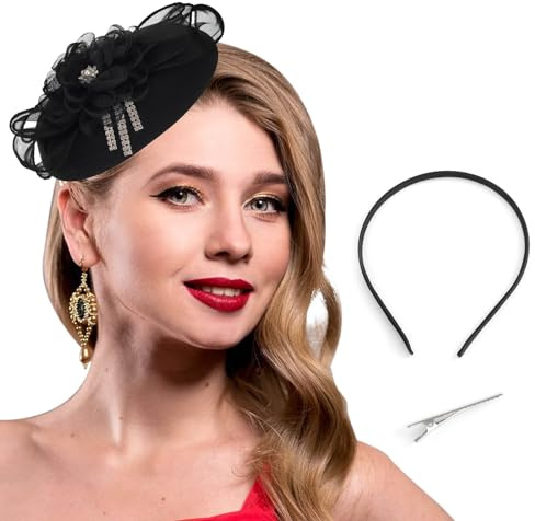 Bohend Cappello Fascinator Fiore Pillbox Cappelli Derby con fiocco vintage Strass per matrimonio Tea Party Accessori per capelli per donne e ragazze (nero)