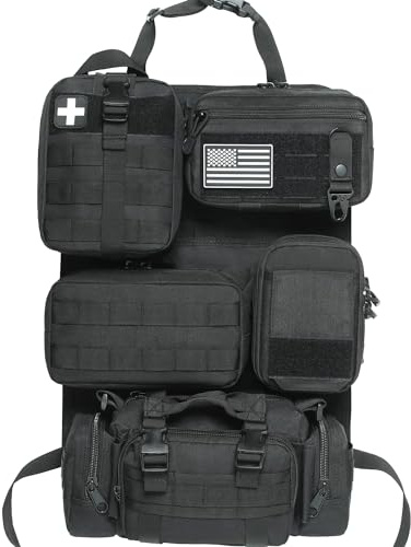 6 Pack Tactical Molle Car Seat Back Organizer - Tactical Vehicle Panel Organizer with 5 Detachable Molle Pouch for Car Truck Ford Jeep Vehicle,US Flag Patch and Keychain for Man