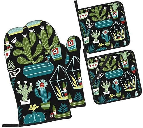 Guantes De Horno Juego De Agarraderas Cactus De Navidad Manoplas Horno Forro De Algodón Guantes De Cocina, para Barbacoas, Hornear