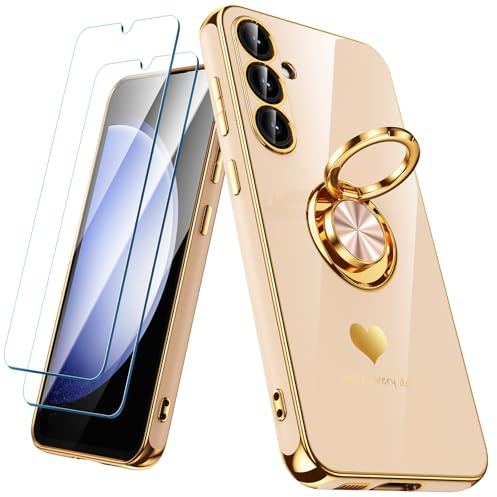 Nonional for Samsung Galaxy S23 FE 5G Case with 2 Pack Screen Protector, 360° Rotatable Ring Holder [Luxury Hearts Pattern] Plating Gold Edge Slim Soft Phone Cover Case for Galaxy S23 FE - Pink