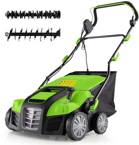 COSTWAY Elektrisk gräsklippare och gräsmattefläkt 41 cm, 15 A, 2-i-1 sänkare med 3 nivåer höjdjustering och 5 nivåer arbetsdjup, vikbar fläkt med 55 l uppsamlingsbehållare