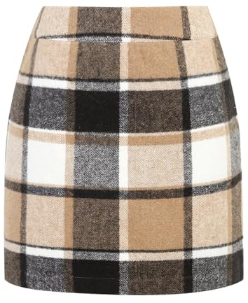 IDEALSANXUN Minifalda de Lana a Cuadros para Mujer, para otoño e Invierno, Cintura elástica Alta, Falda Corta Tipo lápiz, Marrón Nuevo, Large