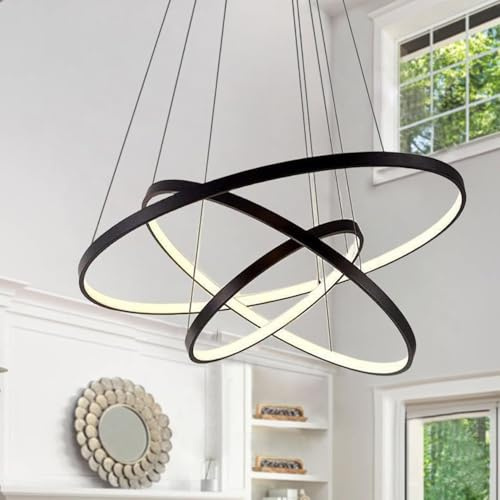 SXLXQM Modern Schwarz Hängelampe 115W Dimmbare Runde LED Kronleuchter kreativ 3 Ringe Acryl Pendelleuchten mit Fernbedienung Wohnzimmer Hängeleuchte für Esszimmer droplight