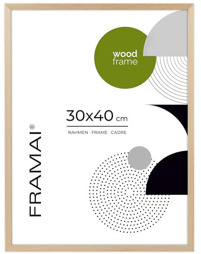 FRAMAI® Cadre photo 30 x 40 cm, en bois naturel, avec plexiglas incassable, crochet de suspension et support