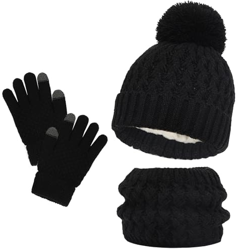 MUNSKT Lot de 3 bonnets, écharpes et gants d'hiver tricotés au crochet épais et moelleux pour enfants de 2 à 8 ans (Noir)