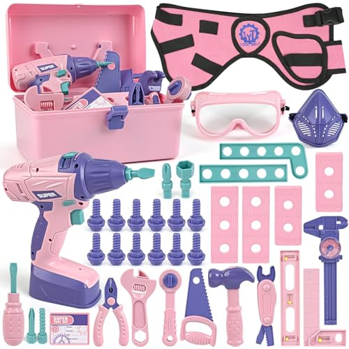 Vanplay Giochi Bambini 3 Anni Cassetta Attrezzi Bambini Attrezzi Giocattolo con Trapano Elettrico Attrezzi Lavoro Regalo di Natale Ragazza 3 4 5 6 7 Anni (52 Pezzi)