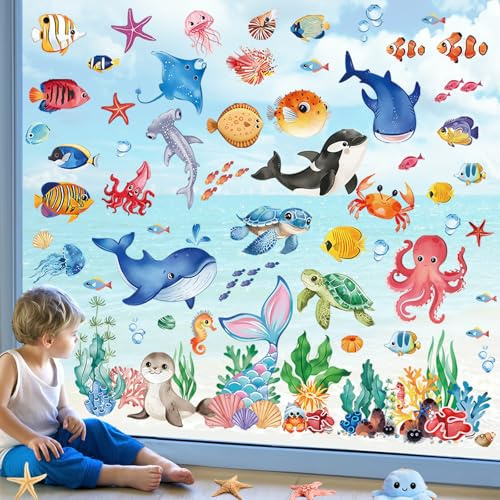 wondever Stickers Fenetre Sous la Mer Poisson Autocollant Fenêtre Tortue | Adhérence Statique Sans Colle, Recto-Verso, Anti-Collision, Réutilisable, Décoratif Été pour Salon Chambre Cuisine