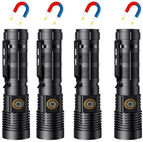 Hoxida Rechargeable Flashlights High Lumens - 1500 Meters Long Beam Super Bright LED Magnetic Flashlight USB Zoomable 5Modes Small Long Beam Spotlight Flashlight for Hiking, Camping, 4pcs
