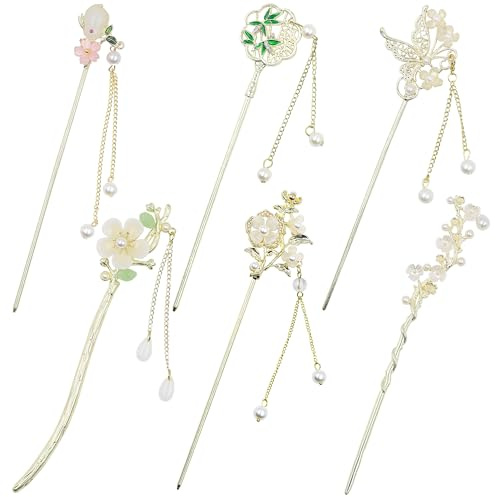 6 Pcs Metal Chinese Hair Sticks with Pendants for Women, Gold Chinese Hair Pin for Long Hair, Traditional Hanfu Hair Chopsticks for Flower Accessories (6Pcs)