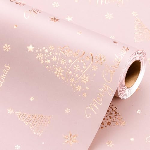 Wikadlik Rosa Geschenkpapier, geprägter Roségold-Weihnachtsbaum, niedliche Schneeflocke, Mini-Rolle für Weihnachten, Winter, Festtage – 43 cm x 10 m