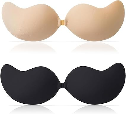 XcnPer 2 Pairs Sticky Bra, Sticky Bra Push Up for Low Cut Dress, Breathable Strapless, Reusable, Suitable for Weddings, Parties, Dances (Skin Color and Black)