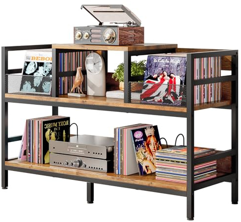 Forthcan Record Player Stand, Vinyl Record Storage with 4 Dividers, Brown | Vinyl Record Stand with Storage Cabinet Hold Up to 350 Albums, Turntable Stand for Player, Living Room Bedroom