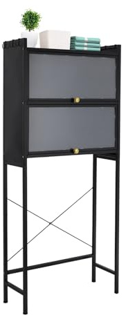 SuhoFutus Waschmaschinenschrank, WC Regal über Waschmaschine Toilette mit 3 Ebenen und 6 Haken, Modern Waschmaschinenregal, waschmaschinenschrank mit 2 Schränke mit Staubschutzhüllen, Schwarz