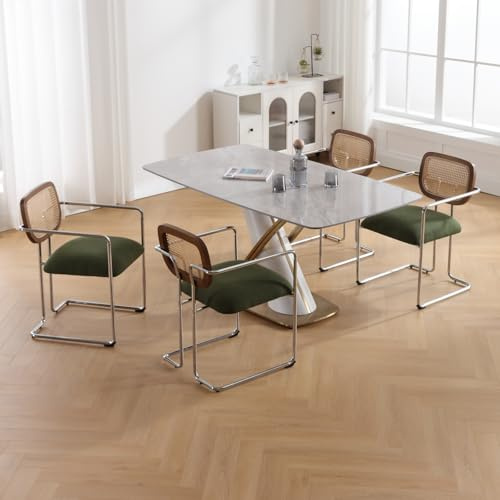 DAYALANE Matrumsstolar set om 4, retro köksstolar med rotting, ryggstöd, vadderade matstolar med metallram av linne, för matsal, vardagsrum, kök, sovrum, lounge, grön
