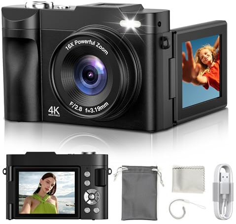 Digitalkamera 4K Kamera Fotokamera 50MP: 3 Zoll 180° Flip-Bildschirm Digital Kamera für Vlog - Vintage Fotokamera Kinder - Autofocus Camera - Geschenke für Teenager Junge Mädchen 8-16 Jahre Schwarz