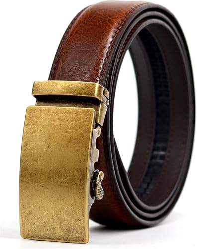 Herren Gürtel, Business Ratsche Gürtel Herren Leder Gürtel Designer Luxus Legierung Automatische Schnalle Braunes Armband, Gold, 115