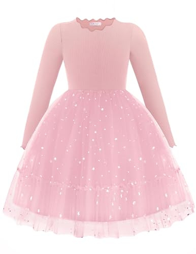Arshiner Flickklänningar Långärmad Barnfest Veckad Krage A-linje Glitter Höst Vinter Casual Klänning för Barn 2-7 År, Rosa, 6-7 År