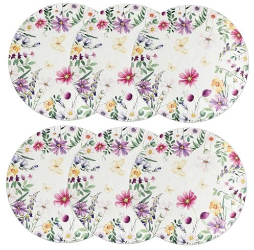 SOLUSTRE 6pezzi Tovagliette Rondone in Lino Sottobicchieri Floreali Per Tovagliette Primaverili Per Pranzo Per Da Pranzo