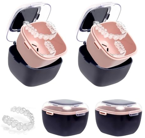 APOMOONS 2PCS Boîte à Dentier avec Passoire Appareil Dentaire pour Adulte et Enfant Rangement Prothèse avec Tamis Amovible Slim Retainer Case Aéré pour Voyage, Hygiène, Nettoyage Quotidien(Bleu)