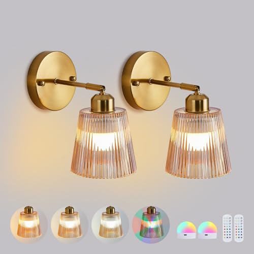 Pingxihule Vintage Battery Operated Wall Light Set 2, Amber Glass | Remote Control,15 RGB Colors,Rechargeable Bulb*2,Dimmable,Cordless USB Wall Lamp for bedside Bedroom Living