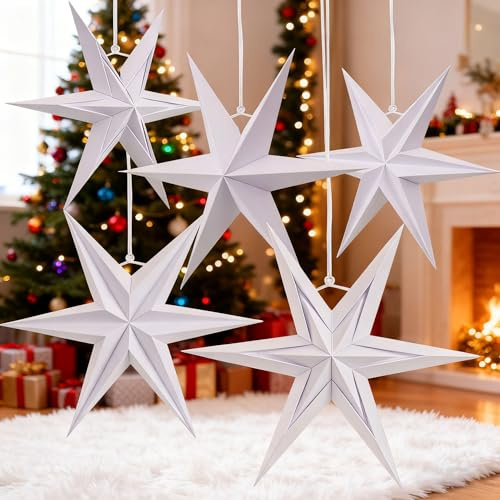 EASY JOY 5 Stück Papiersterne Weihnachten Weiße,6 Zacken Faltsterne,Papiersterne Zum Aufhängen,Weihnachtsstern Fenster,Tischdeko,Weihnachtsdeko,Christbaumschmuck für Hochzeit,Party,Home Deko