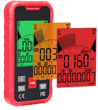EMF Meter Digital 3in1 Elektrosmog Messgerät misst EF, RF, MF und WiFi Signal Wiederaufladbarer RF Detektor mit 3-Farben Hintergrundbeleuchtung & Summer Handheld EMF Detektor für Geisterjagd, Haushalt