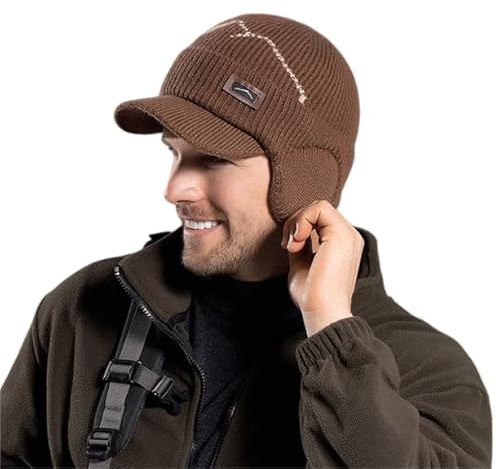 Wintermütze mit Ohrenschützern, Mütze Herren Winter, Beanie Mütze, Strickmütze Herren Pudelmütze Wollmütze Winter Cap Ski-Gehörschutz Dickes Warmes Futter Wind Kältefest Geschenke für Männer (Braun)