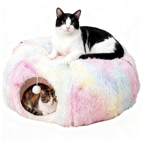 Katzentunnel Große, Katzenspielzeug mit Plüsch Katze Bett Katzentunnel mit Ball für Indoor Katzen, Multifunktionales Tunnel für Katzen, Weiches Katzenbett mit Zwei Eingängen Katzenhöhle (Rosa)