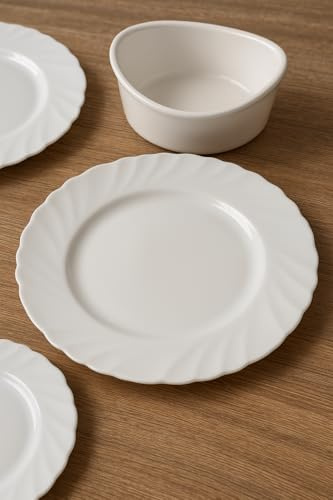 Vajilla Mixta de 18 Piezas – 6 Platos de Vidrio Opal 25cm, 6 Platos de Postre 20cm y 6 Cuencos de Cerámica 12cm – Combinación Elegante y Funcional para Servir – Resistente y Apto para Lavavajillas