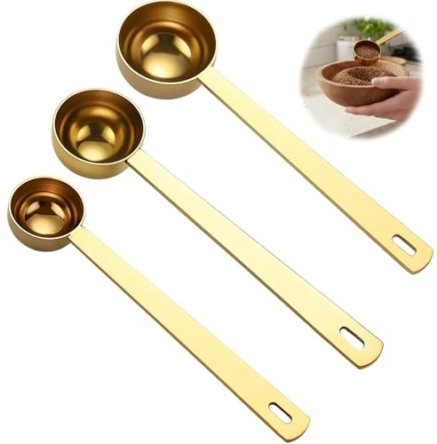 EujRcf 3Pcs Golden Measuring Spoons Set, 5/10/15ml Each, Matcha, 5g Powder Scoop, Tablespoon, Ancient and Brave, 5 Gram, Collagen, Washing Powder, Stainless Steel