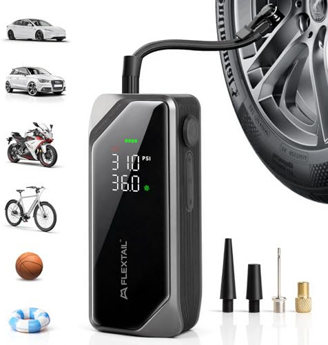 FLEXTAILGEAR Elektrische Luftpumpe, Akku Fahrradpumpe, 150PSI Tragbare Fahrrad Pumpe, 12V DC & USB‑C Mini Kompressor für Auto, Motorrad, Fahrrad, Bälle, mit LED-Licht, 6000mAh Powerbank